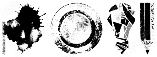 Four black and white vector ink splatter, halftone ring, fragmented lightbulb, pencil tip. Graphic design elements with textured, stylized.