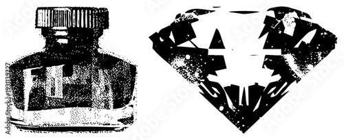 Classic ink bottle with textured cap and diamond gemstone cutout, halftone vector art, isolated graphic elements, inkwell alternative, gemstone silhouette.