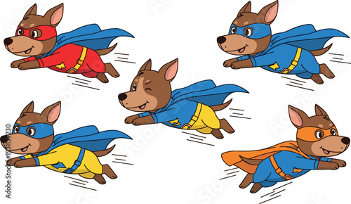 Cute superhero dog cartoon collection flying with cape and mask, colorful vector illustration set isolated on white background for kids design and nursery decor