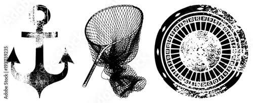 Distressed nautical symbols including anchor, net, and compass rose, vector with grunge texture, maritime theme, isolated design elements.