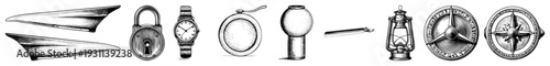 Antique padlock, wristwatch, nautical compass, oil lantern, and vintage tools rendered in black and white vector art. Classic gear symbols, isolated design elements, historical accessories.