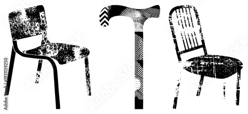 Stylized chairs with distressed textures, modern and vintage designs, vector silhouettes with halftone, isolated furniture.