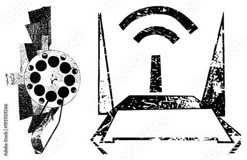 Black and white vector of film reel and router with halftone grain, retro tech symbols, isolated digital and analog, gritty stylized design.