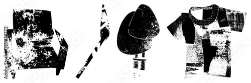 Stylized armchair, paddle, hat, and t shirt rendered in gritty halftone, graphic design elements, vector art, retro aesthetic, textures.