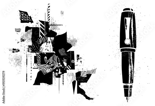 Urban abstract composition with halftone textures and geometric shapes, paired with minimalist fountain pen, vector art, design, graphic illustration.