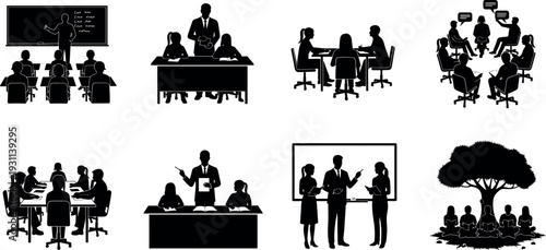 Education and corporate training silhouette collection with classroom teaching, business meetings, teamwork discussion and mentoring scenes isolated on white background