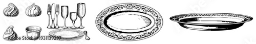 Ornate platters, vintage cutlery, dessert mounds, glassware, elegant dining, vector illustration, antique table setting.