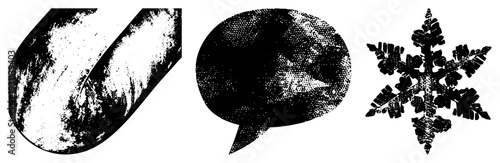 Retro halftone graphic elements curved pipe, speech bubble, snowflake. vector with grainy texture, ideal for UI, print, or design assets.