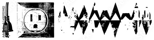 Classic US wall outlet with two pronged plug, distressed wood texture, stylized zigzag geometric, vector art, retro industrial design.