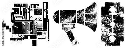 Stylized vector of electronic circuit board, megaphone, and razor blade with halftone texture. Retro tech, communication, and grooming symbols. Grunge aesthetic,, isolated elements.