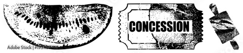 Retro concession stand ticket, watermelon slice, rolling pin, halftone texture, black and white vector, isolated food, cinema snack.