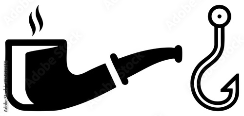 Abstract silhouette of smoking pipe transforming into fishing hook, symbolic, minimalist design, black, conceptual art, vector graphic.