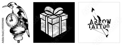 Ornamental cuckoo clock bird, timepiece with Roman numerals, decorative wall clock, antique design, bird figurine with clock face, rustic timekeeping device.