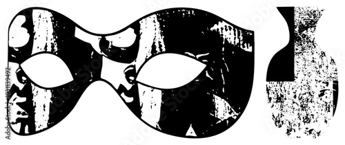 Ornate theatrical mask with eye holes, distressed black and white texture, carnival or masquerade costume piece, stylized face covering, graphic silhouette.