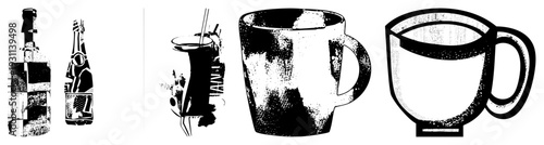 Retro styled glass bottle with label, halftone textured mug, beverage containers, graphic vector art, illustration, isolated drinkware set.