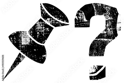 question mark and thumbtack in, distressed texture, graphic design, conceptual symbol, decision making, inquiry mark, office.