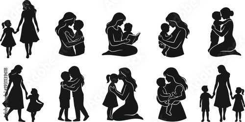 Elegant Mother and Child Silhouette Vector Set - Minimalist Black and White Mother's Day Clipart Bundle for Cricut, Sublimation, and Print