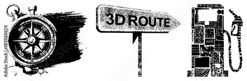 Nautical compass with cardinal points, directional signpost labeled “3D ROUTE,” stylized fuel nozzle and tank, vector halftone illustrations.