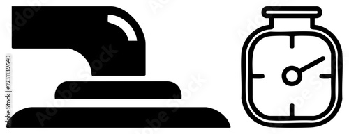 Minimalist black showing printer and stopwatch, graphic symbols for time management or office productivity tools, clean design.