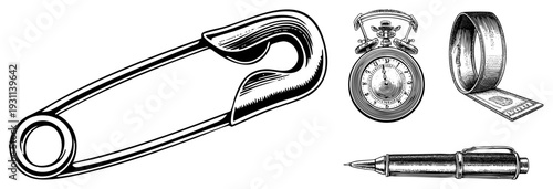 Classic engraved safety pin, antique stopwatch, rolled dollar bill, elegant fountain pen, detailed art, vector set, retro stationery tools.