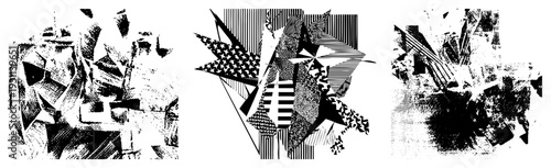 Fragmented geometric shapes in bold black and white halftone, stylized vector art, graphic design element, modern abstract composition, isolated with texture.