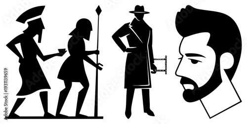 Black silhouette figures ancient, trench coat detective, bearded man profile. Minimalist vector art, graphic design elements,, shapes.