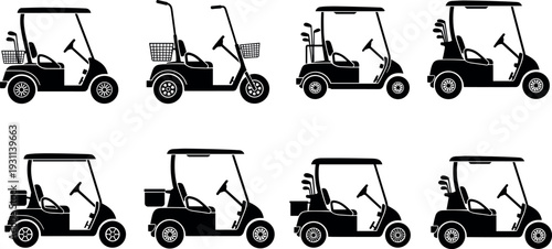 Golf cart silhouettes collection electric golf buggy vehicles for course transportation sport utility carts black vector illustration set isolated
