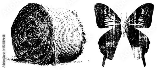 Textured halftone hay bale and butterfly, vector graphic, black and white, stylized rural and nature motifs, isolated design elements.