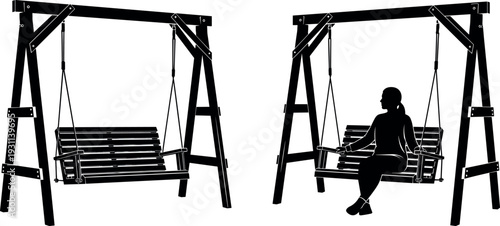 Garden swing bench silhouettes with wooden frame and woman sitting relaxing outdoor furniture park seat black vector illustration isolated