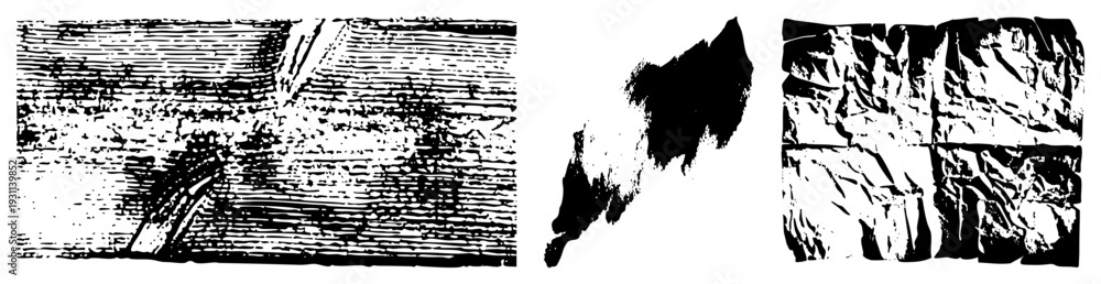 Fototapeta premium Artistic vector textures including halftone grid, brushstroke silhouette, and crumpled foil ideal for design, graphic elements, or UI backgrounds.