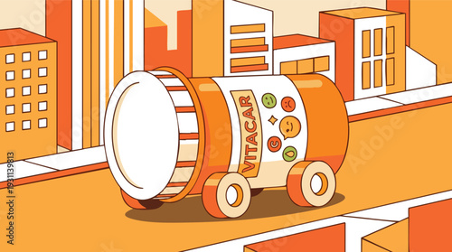 Orange Juice Can on Wheels Cartoon.
