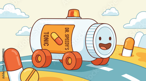 Cartoon Pill Bottle Character on Wheels.