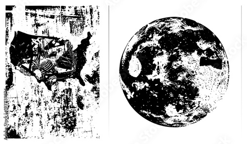 Stylized U.S. map with fractured geometric, halftone Earth globe, vector art, abstract cartography, graphic design element.