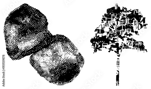 Graphic composition of textured stone like shapes and tree formed from fragmented letters, rendered in halftone dot, vector art.
