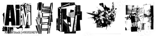 Fragmented typographic forms with halftone textures, bold geometric shapes, graphic design elements, vector art, black and white composition, modernist abstraction, digital print aesthetic.