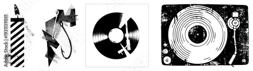 Artistic composition of fragmented geometric forms with halftone shading, distressed textures, and retro visual noise, ideal for modern graphic design, album art, or layouts.