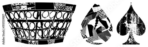 Abstract spade, heart, and club card symbols with fragmented textures, halftone fills, and graphic design motifs, ideal for print or digital.