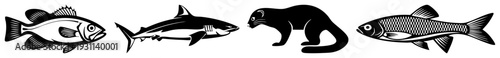 Stylized vector of marine life and otter, isolated black, flat graphic design, wildlife illustration, animal symbols.
