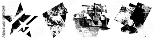 Fragmented polygonal forms with halftone dot, distressed texture, graphic design elements, vector art, digital collage, modern abstract composition.