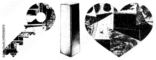 Black and white halftone vector key, pillar, heart, fragmented shapes, graphic design elements, minimalist symbols, stylized forms.
