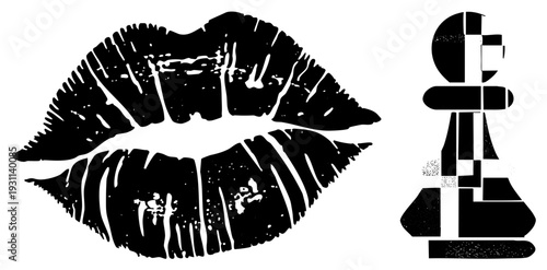 Stylized lips print and abstract chess pawn, vector art, graphic design elements, bold shapes, minimalist aesthetic, artistic composition.