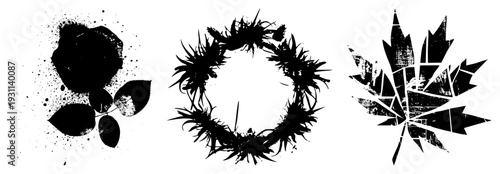 Bold black vector graphics of a rose with splatter, spiky wreath, and fragmented maple leaf, all isolated on transparent background, high contrast stencil style.