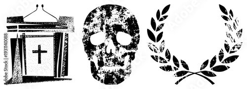 Distressed black and white vector pulpit with, grim skull, laurel wreath. Gothic, symbolic, gritty textures. Religious, death, victory motifs.