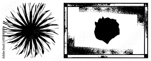 Dynamic radial burst graphic, jagged starburst, framed silhouette with distressed texture, vector art, isolated design elements.