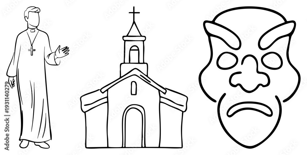 Obraz premium Priest gesturing beside church building, devil mask with horns and frown, religious contrast, spiritual vs. demonic themes, illustration.