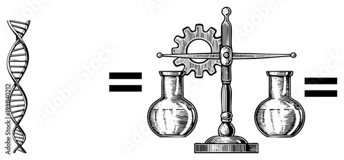 DNA helix symbolizing genetic code, balanced lab scale with beakers, scientific research, biology lab, molecular biology, genetics, analytical chemistry.