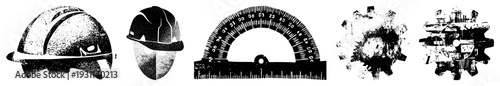 Safety helmet, drafting protractor, mechanical gears, engineering tools, technical equipment, construction gear, vector.