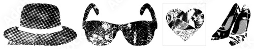Black and white halftone vector graphics fedora hat, sunglasses, heart shape, high heels. Retro pop art style, isolated cutout, design elements.
