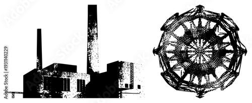 Factory silhouette with smokestacks, halftone texture, paired with intricate polyhedral molecular model, vector art, scientific visualization.
