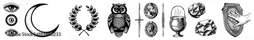 Collection of classic emblems owl, laurel wreath, moon, eye motifs, sword, medallions, cauldron, shield with hand, and gemstones all rendered as clean vector graphics for design use.